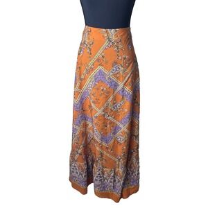 Women's Boho Paisley Print Maxi Skirt Orange Purple W 26 Festival Ruffle Retro